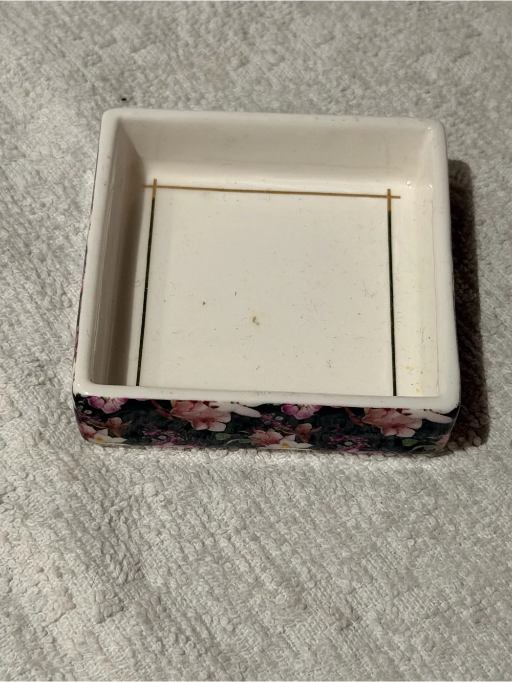 Anthropologie Floral 'E' Trinket Box in White, Black, Pink and Gold